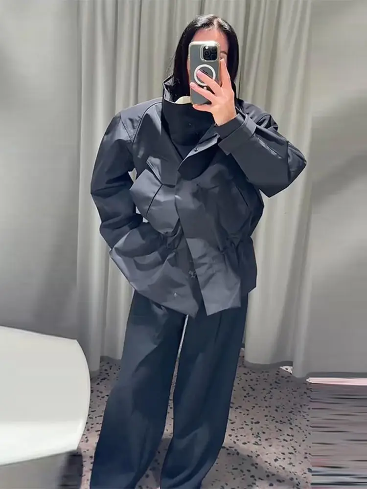 Stehkragen Langarm Oversize-Jacken für Damen Streetwear Große Taschen Kordelzug Taillenschnürung Schlanke Mäntel Frühling Damen-Oberbekleidung – Detail 19