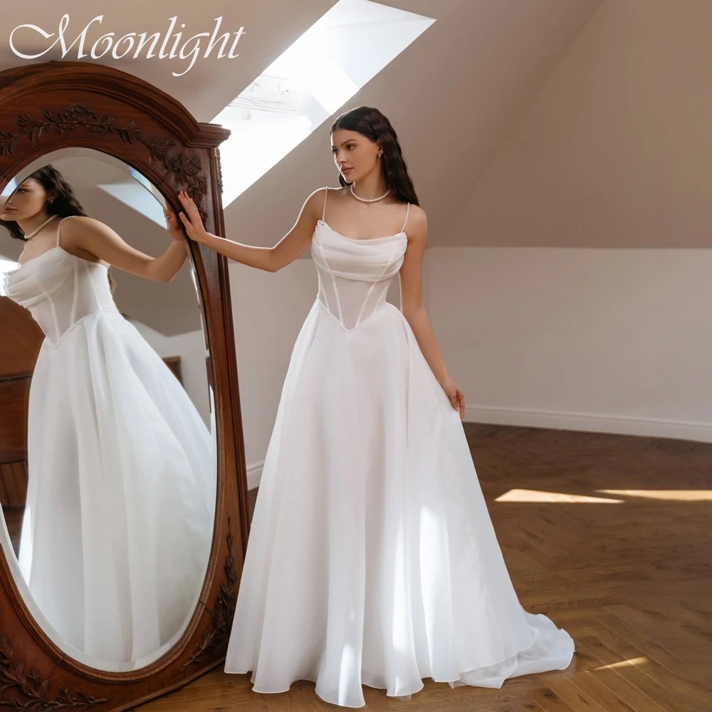 

Простое свадебное платье А-силуэта с плиссировкой и бисером, женское, с вырезом-лодочкой, на тонких бретелях, с открытой спиной, свадебное платье Vestidos De Novia, на заказ