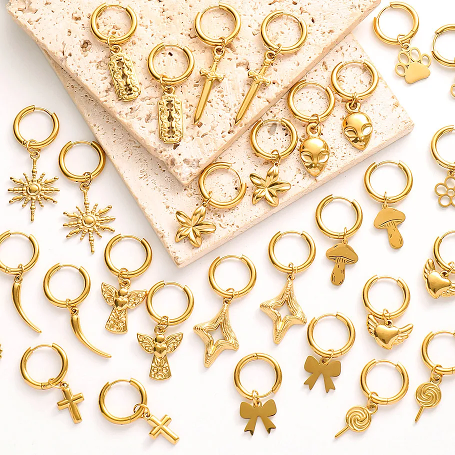 Engelskreuz Alien Anhänger Creolen Stern Schwert Bogen Edelstahl Runde Ohrringe für Damen Herren Schmuck Piercing Aretes Geschenk – Detail 1
