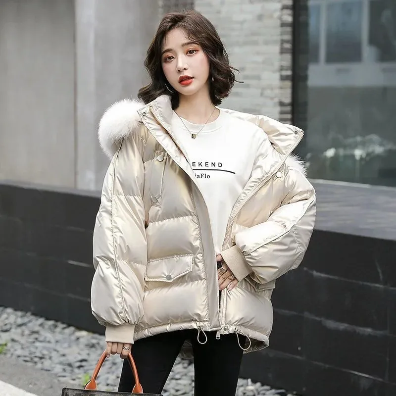 Winter Shiny Cotton-padded Jacket Warm Thick Puffer Jacket Fur Collar Hooded Parkas Quilted Windproof Winter Wear Outdoor Jacket