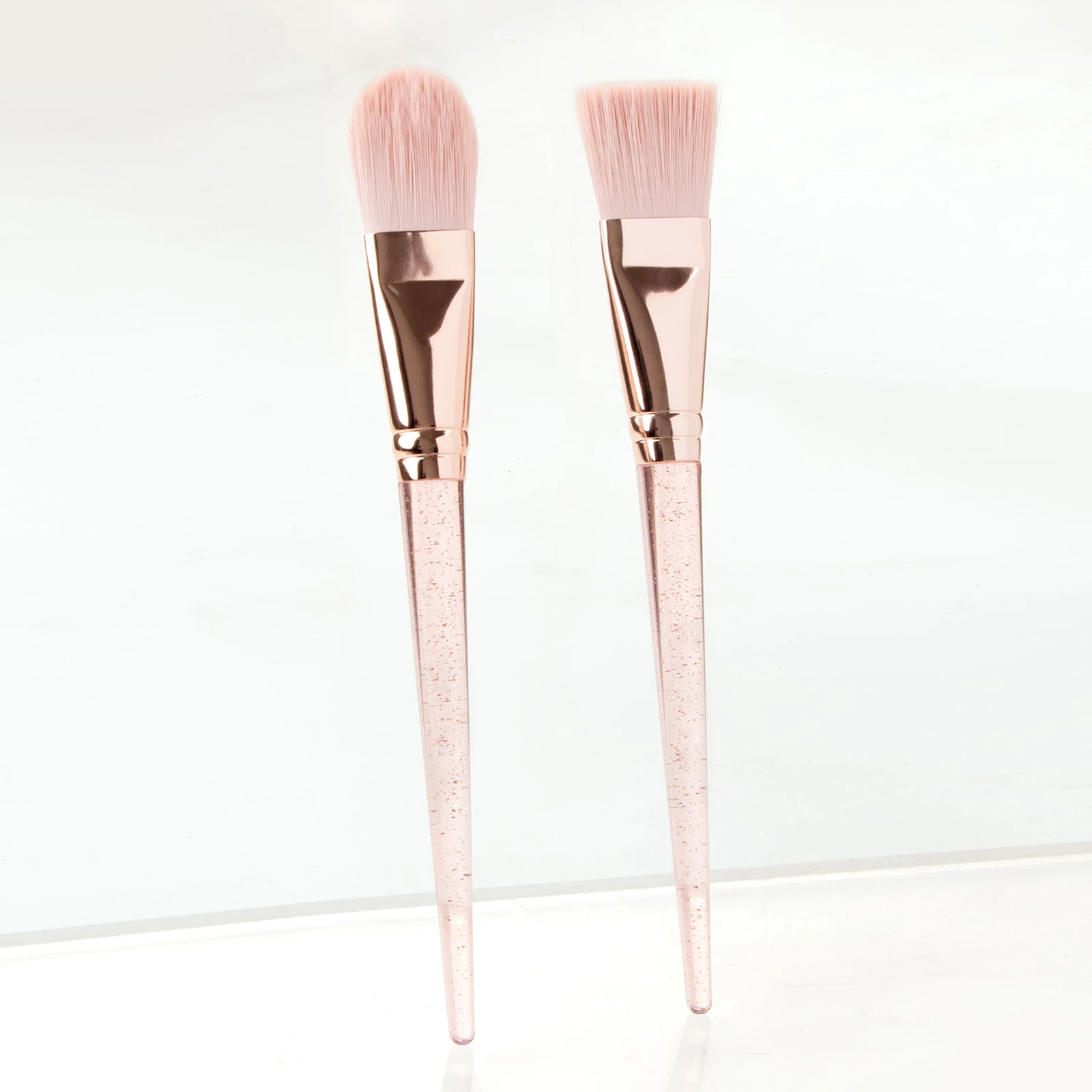 2Pcs Pink Glitter Handle Foundation Makeup Brushes Flat & Round Head Soft Brush For Liquid Cream Foundation Base Makeup
