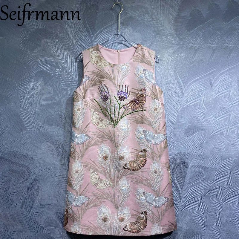 

Seifrmann 2026 Summer Women's clothing New Fashionable Round Neck Sleeveless Nail Bead Jacquard Dress