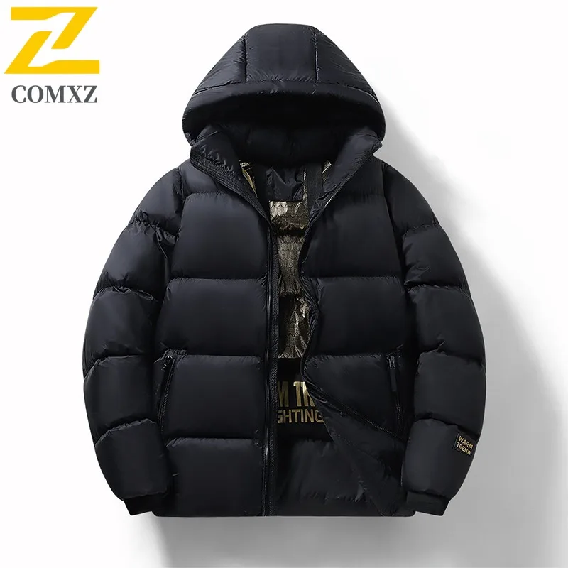 COMXZ 2025 Men Women Black Gold Quilted Jacket Detachable Hood Graphene Lining Decorative Straps Thickened Winter Coat