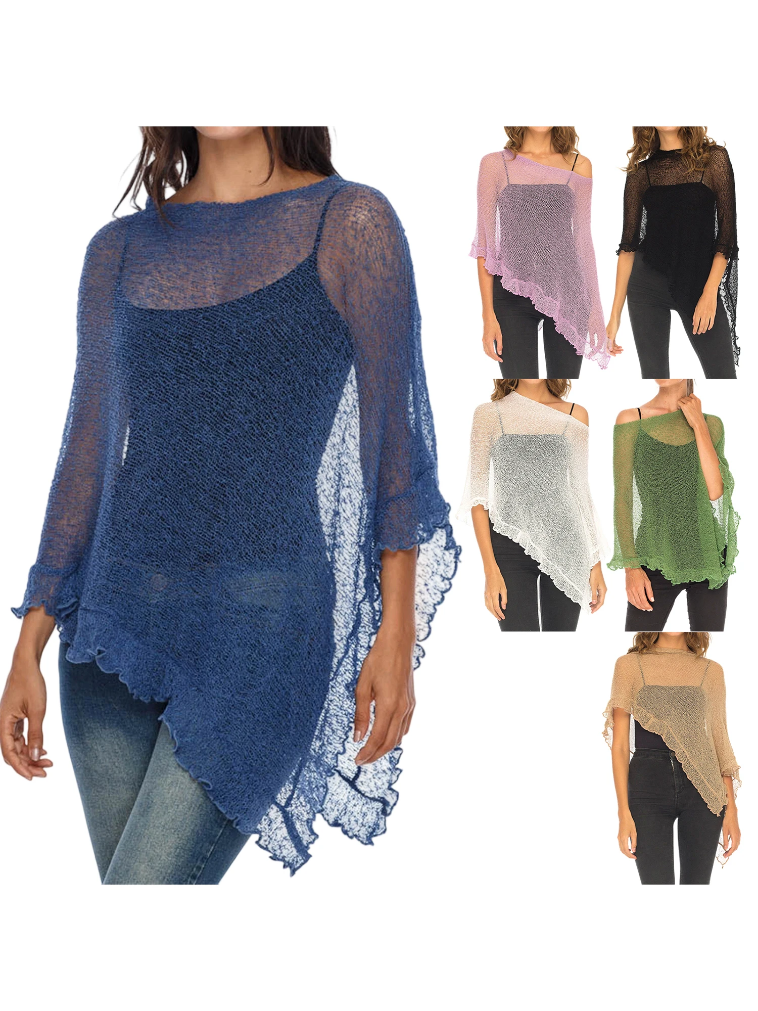 Lichtgewicht doorzichtige gebreide poncho voor dames met ruches en boothals - Elegante doorzichtige cover-up voor de zomer