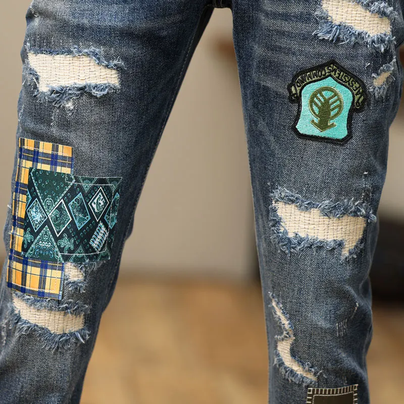 High Street Fashion Men Jeans Retro Blue Elastic Stretch Slim Fit Ripped Jeans Men Patched Designer Hip Hop Denim Pants Hombre