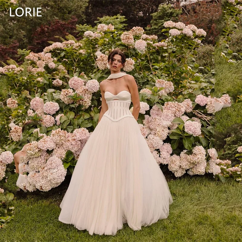

LORIE Customized Tulle Hollow A-Line Wedding Dresses Strapless Scarf Bride Prom Gown Floor-Length Long Train Bridal Gown 2025