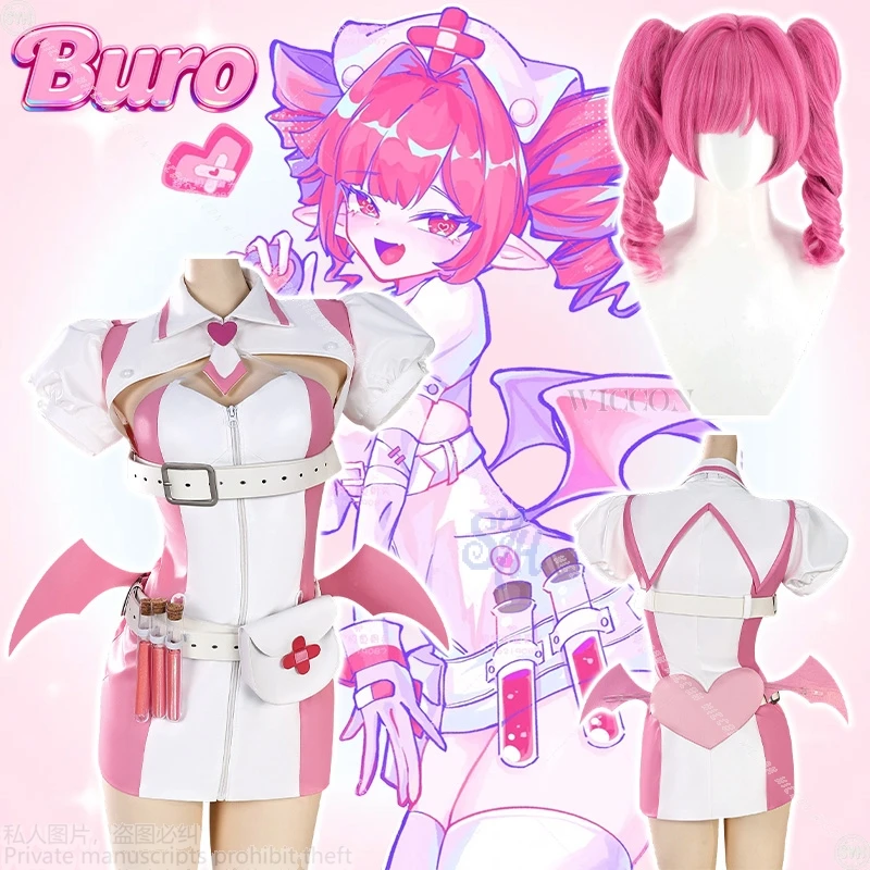 

Anime Game Nocturne Bloodheir Buroo Cosplay New Costume Sexy Nurse Pink Demon Wings Jirai Kei Girls Mini Dress Lovely Halloween