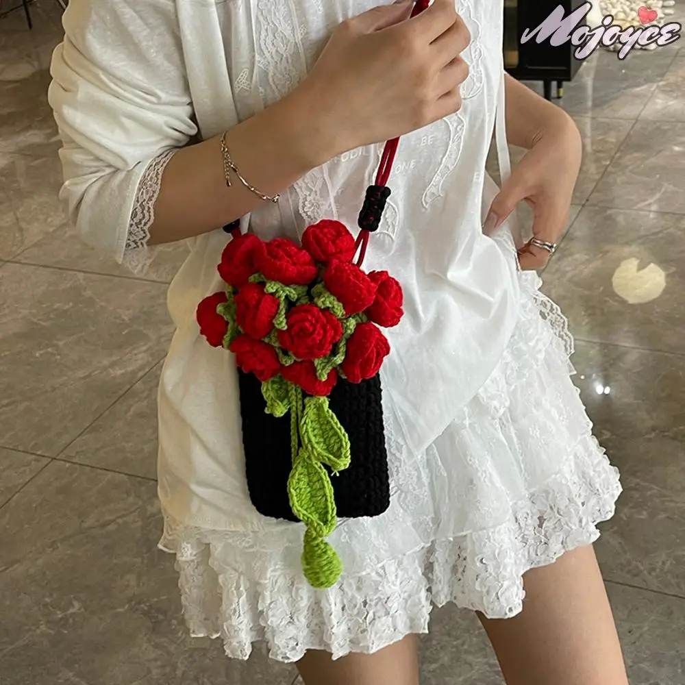 

Flower Crochet Crossbody Bags Rose Bouquet Beach Phone Pouch Hand-woven Hollow Out Shoulder Bag Women Mini Knitted Bucket Bags