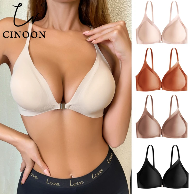 CINOON Sexy No Trace Bras for Woman Push Up Underwear Sleep Removable Padded Bralette One Piece Brassiere Front Closure Intimate