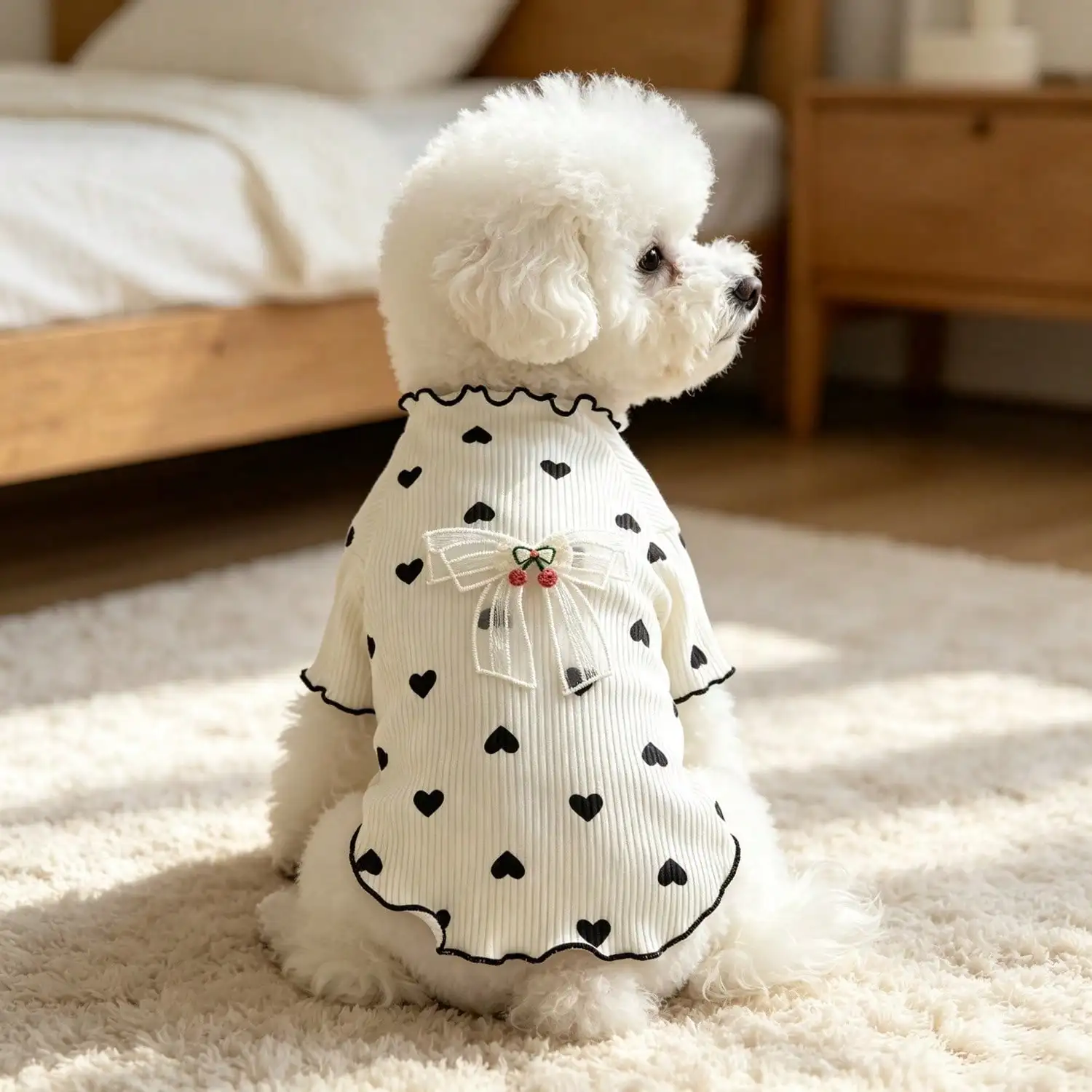 1 Stück Haustier-Hundetop mit Herz-Print, Rüschenbesatz, niedlicher Netzschleife und Kirschdekoration, Pullover-Shirt, weiche Strickkleidung – Detail 1
