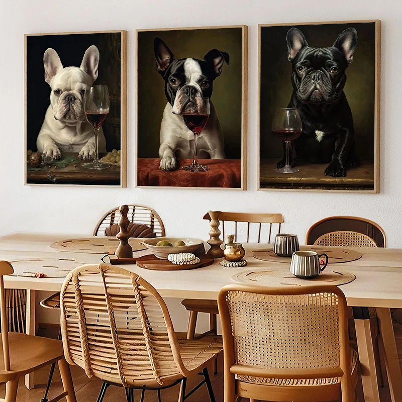 Cute French Bulldog German Shepherd with Wine Dog Portrait Poster Print Canvas Painting Funny Pet Wall Art for Living Room Decor