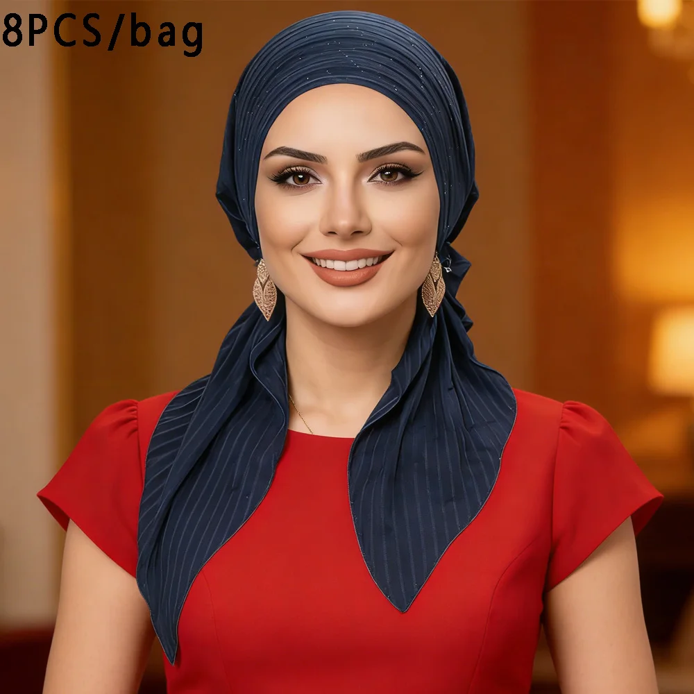 

8PCS/Set Women Muslim Hijab Pre-tied Hat Turban Bonnet Beanies Hair Loss Head Wrap Scarf Bandanas Chemo Cap Islam Turbante Mujer