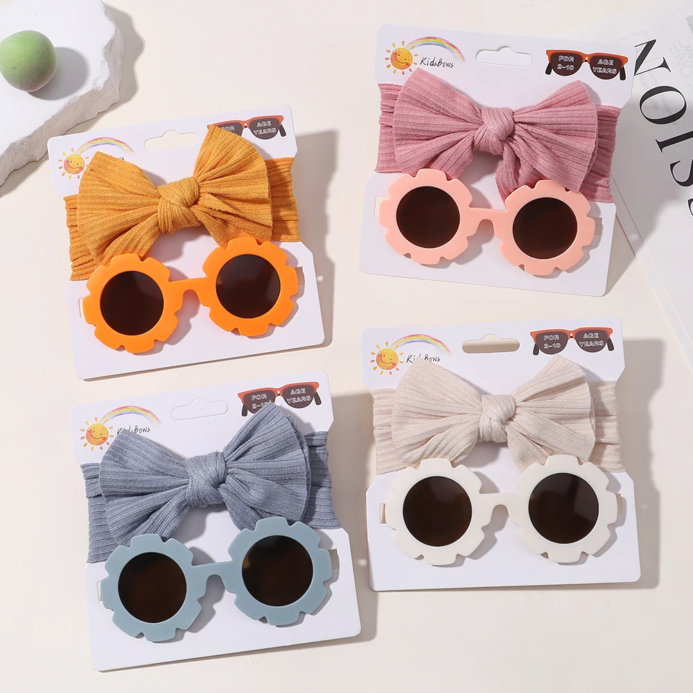 2 Pcs/Set New Children Solid Color Cotton Bowknot Wide Hairband Round Sunglasses Set Baby Girls Sunglasses Kids Hair Accessories