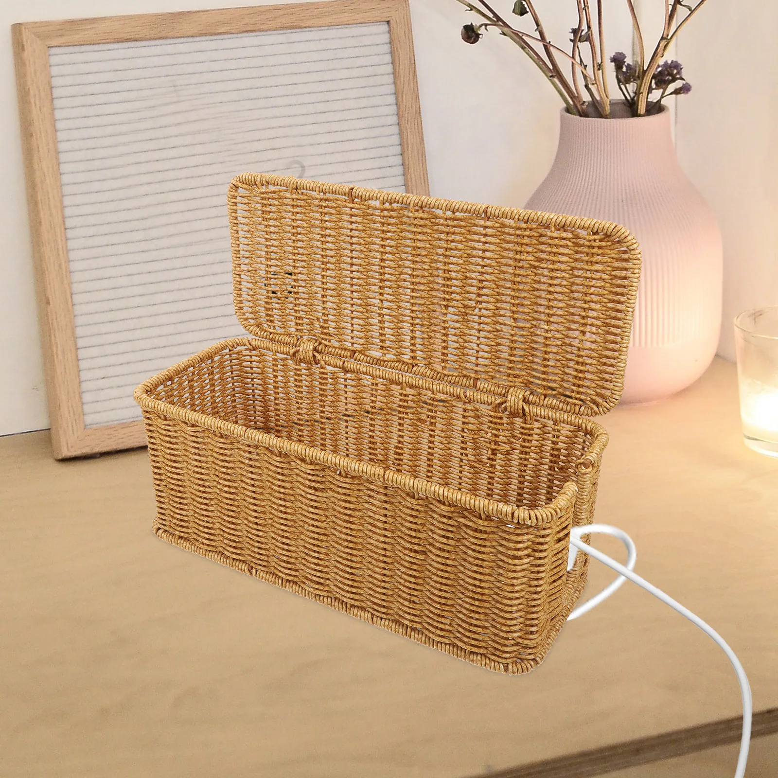 Caja organizadora de cables inspirada en ratán, almacenamiento de escritorio de gran capacidad para regleta de alimentación y Cables, solución de gestión de cables