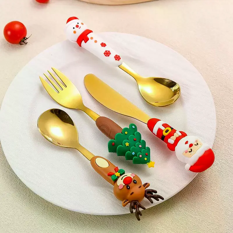 4pcs Christmas Fork And Spoon Set Cutlery Stainless Steel Creative Tableware Coffee Tea Dessert Forks And Spoons Gift Set