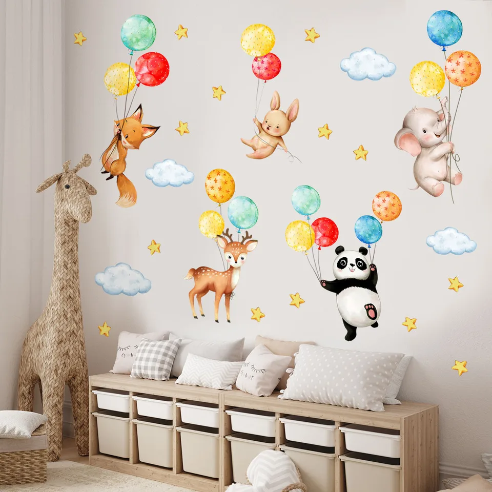 3-piece set of cartoon panda fox balloon pattern children's room wall stickers