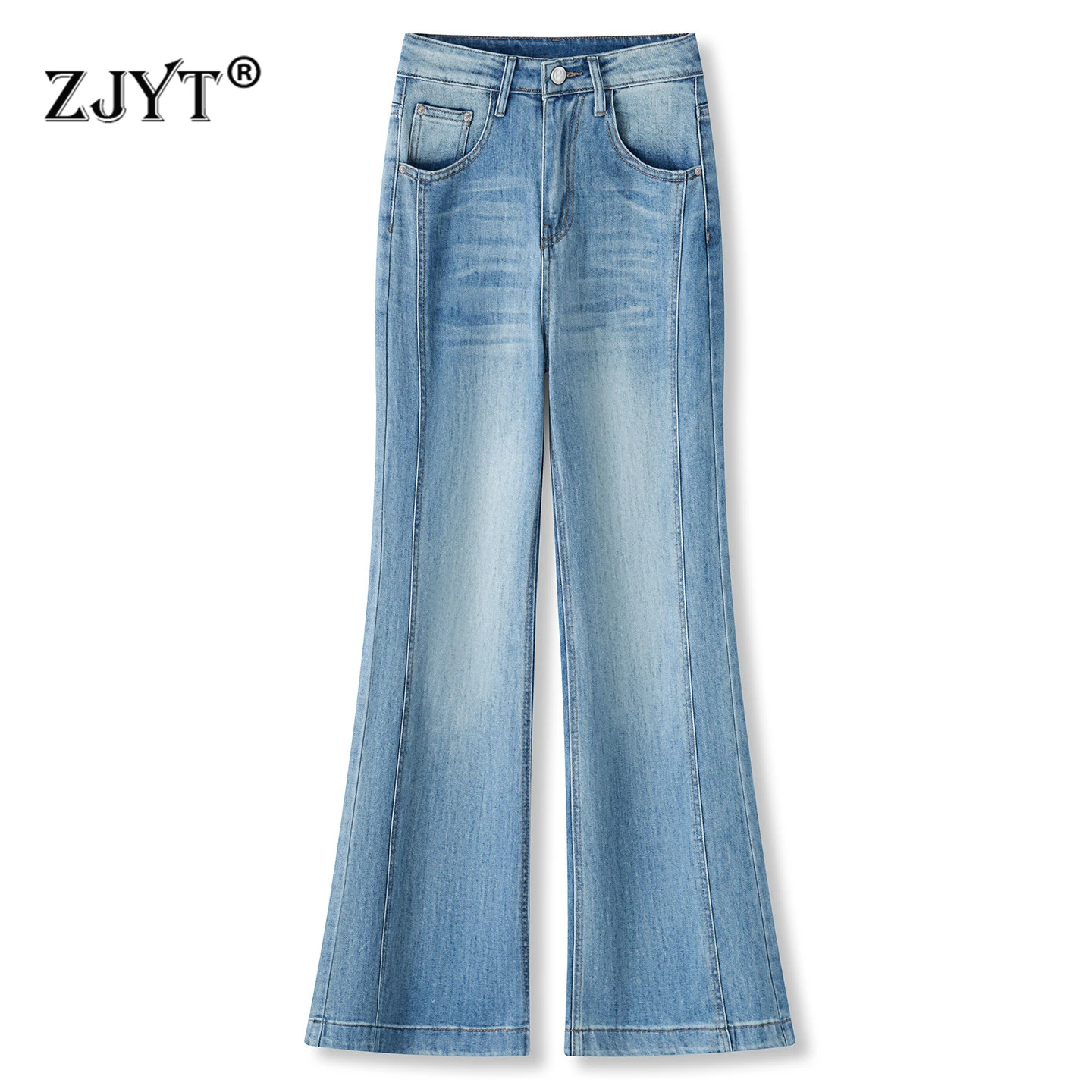 ZJYT Elegant Flared Jeans for Women Spring Summer 2026 High Street Fashion High Waist Blue Denim Pants Trousers Female Bottoms
