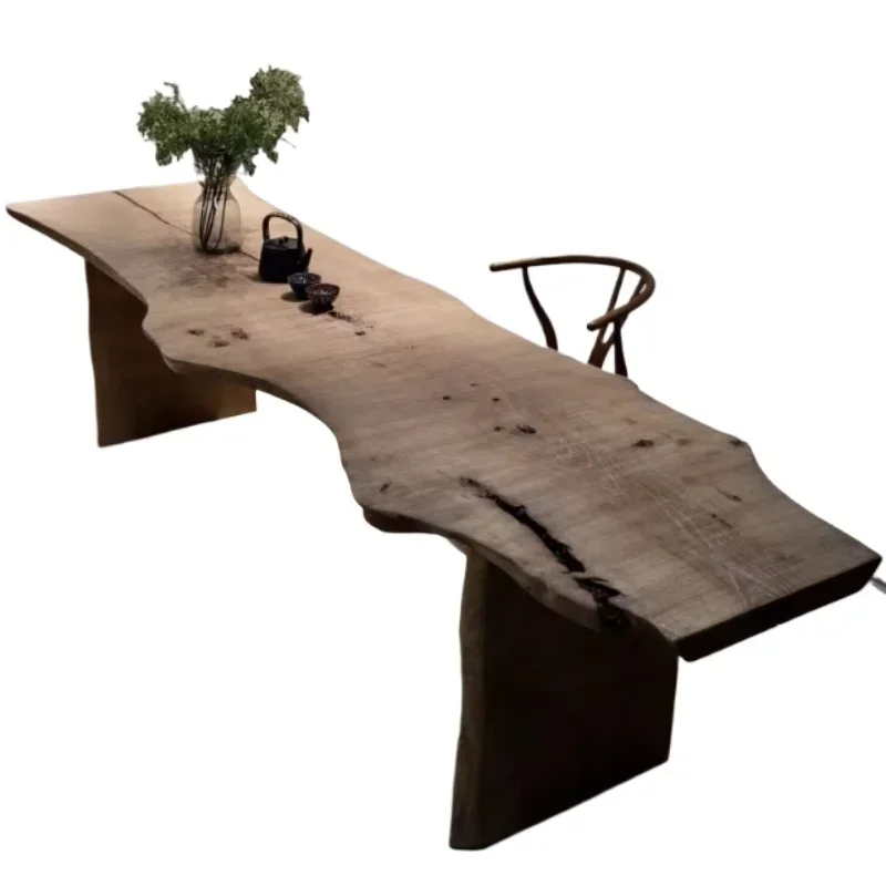 

Wabi-sabi wind log large board tea table, retro and old natural surface texture homestay solid wood long table dining table