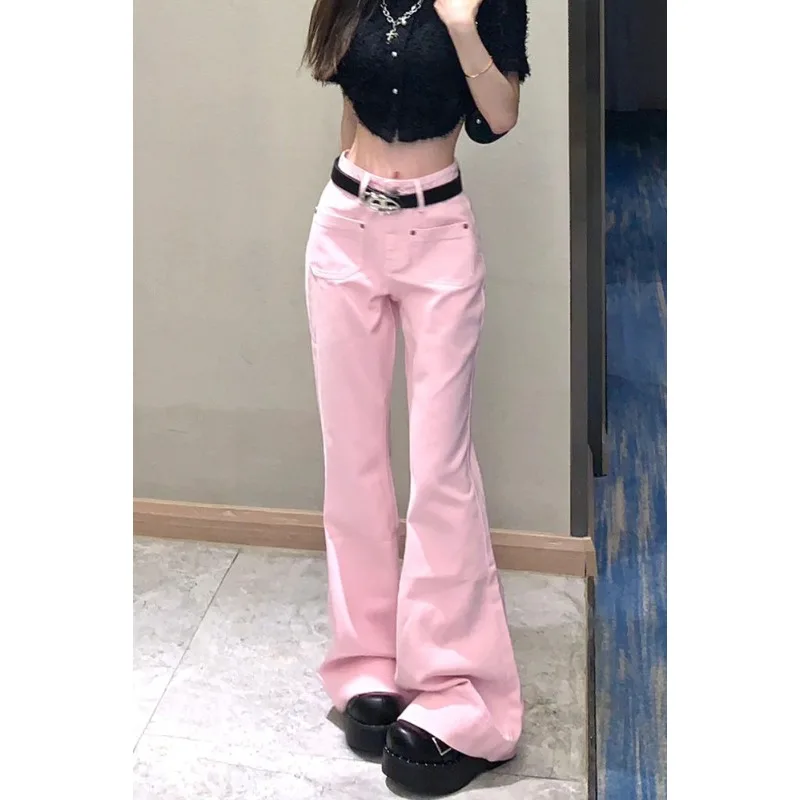 

Women Bell-bottoms Jeans Pink Simple Basic Fashion Flared Pants American Retro Solid Slim Female Autumn High Waist Loose Jeans