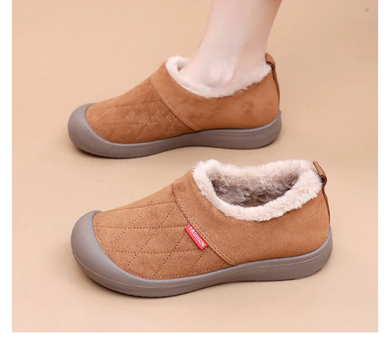 Damen Winter Warme Plüschgefütterte Slip-On Loafer Gestepptes Obermaterial Rutschfeste Weiche Sohle Lässige Baumwollschuhe zum Gehen – Detail 12