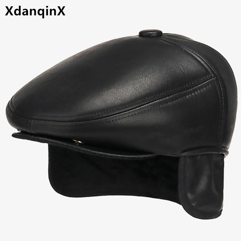 Free Shipping Winter Men\'s Hats Faux Leather PU Warm Berets Thickening Plush Cold-proof Earmuffs Hat Male Bone Trucker Caps