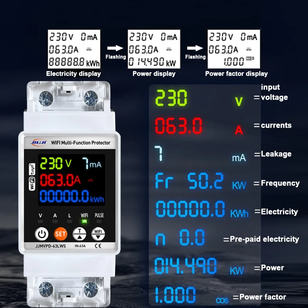 WIFI Smart Switch TUYA Energy Meter Kwh Metering 63A Circuit Breaker Timer with Voltage Current And Leakage Protect JJMVPD-63LW