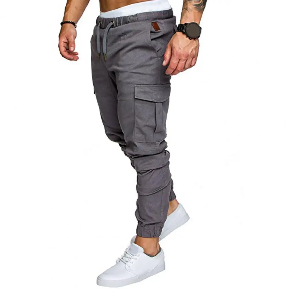 

Men Cotton Pants Casual Trousers Men's Cargo Pants with Ankle-banded Design Multiple Pockets Elastic Waist Solid Color for Gym