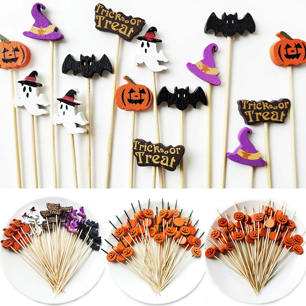 100 Stück Halloween Bambus Spieße Kürbis Geist Einweg Spieß Gabel Salat Gemüse Sticks Zahnstocher Halloween Party Dekor