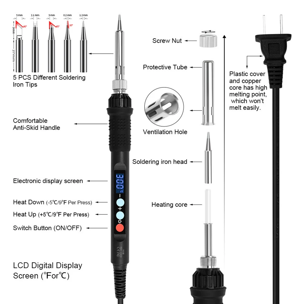 60W Soldering Iron Featuring Digital Temperature Display and Hot Melt Installation Tool with Multiple Nozzle Options