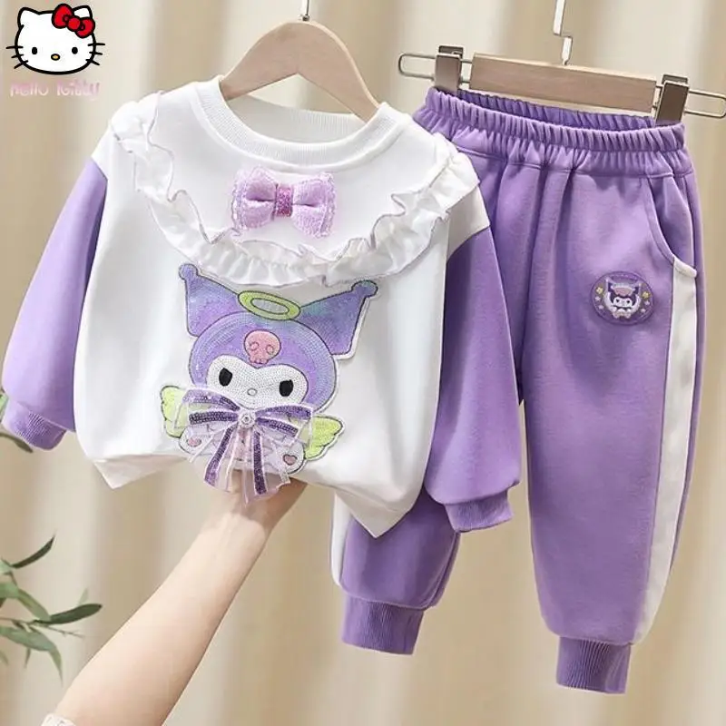 

Hello Kitty Children's Sanrio Autumn New Kuromi Cartoon Kawaii Cotton Hoodie Set for Girls Anie Casul Long Sleeve Two Piece Set