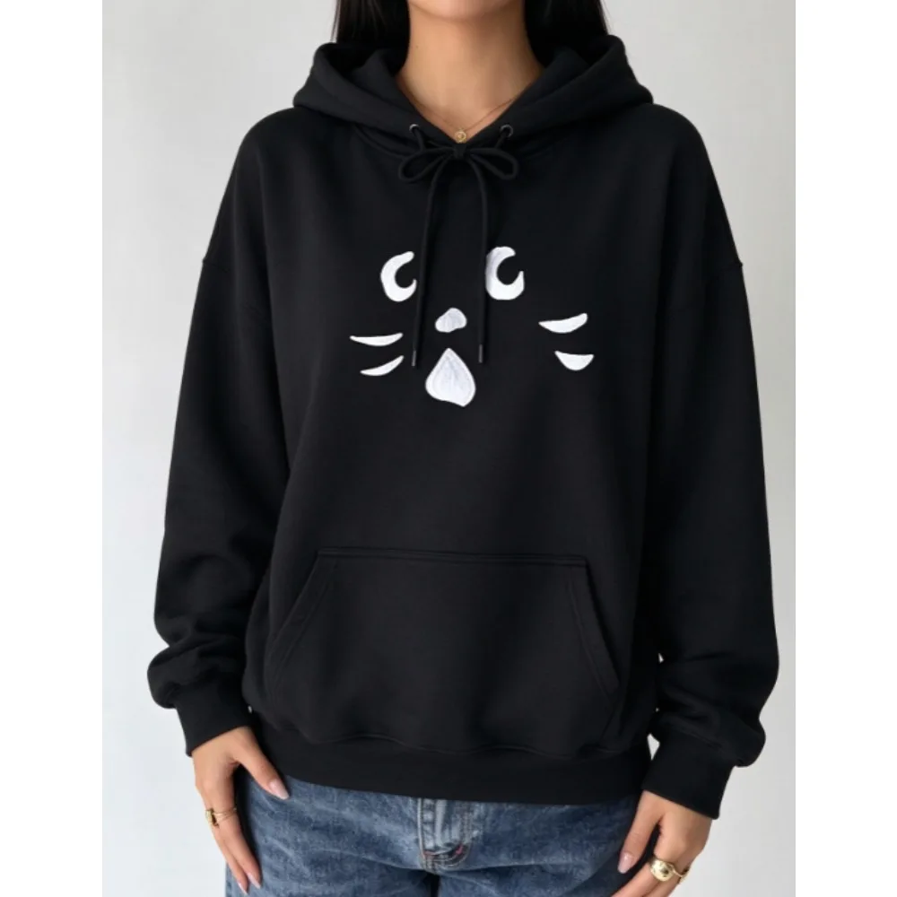 Women’s Black Pullover Hoodie with Cute Abstract Cat Face Print, Tied Drawstring at Neck Front Kangaroo Pocket Soft Casual Daily