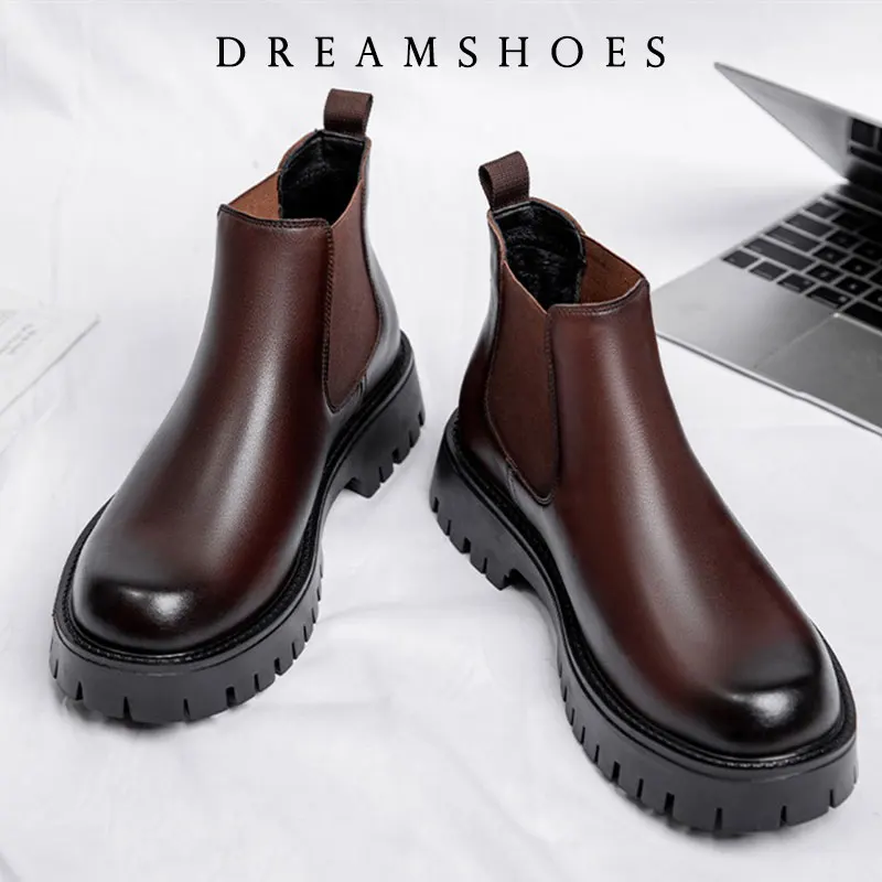 British Style High Top Men's Chelsea Boots Increase Height Classic Luxury Elastic Band Men Autumn Winter Shoes