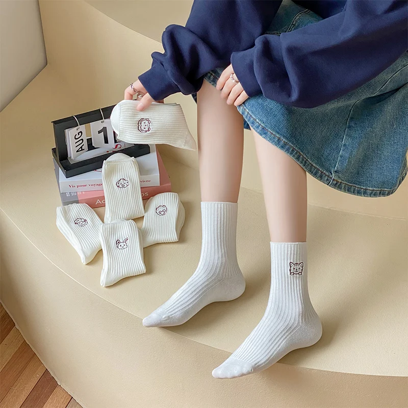 

6 пар женских хлопковых носков средней длины с милой вышивкой животных, удобная дышащая повседневная одежда на весну