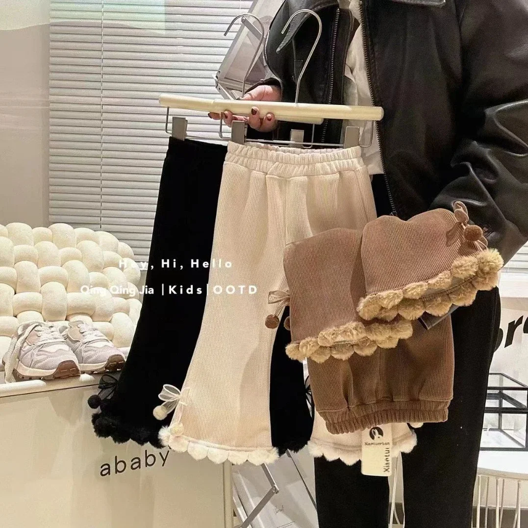 Girls' Corduroy Pants Korean Style Velvet Thick Leggings for Autumn & Winter Loose Flared Trousers Kids Clothes