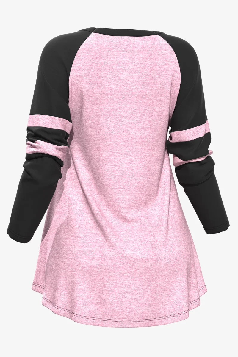 Women Long Sleeve T shirt Plus Size Casual Pink Colorblock Cross Lace-Up V Neck T shirt Loose Casual Splice Medium Stretch Tops