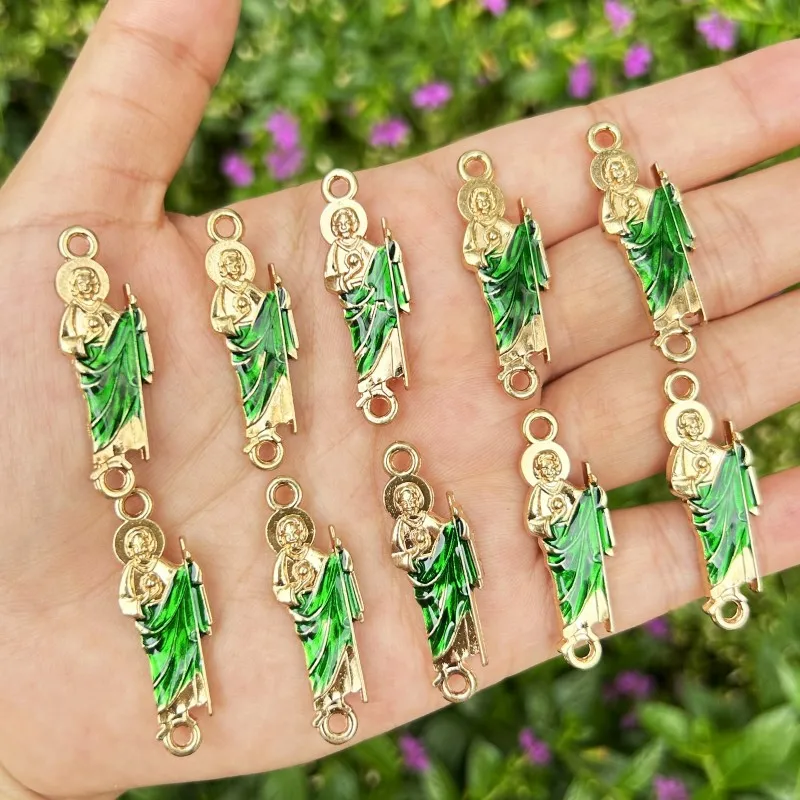 10PCS Green Saint Jude Bracelet Connectors Catholic Rosary San Judas Tadeo Accessories for Women DIY Jewelry Making Supplies