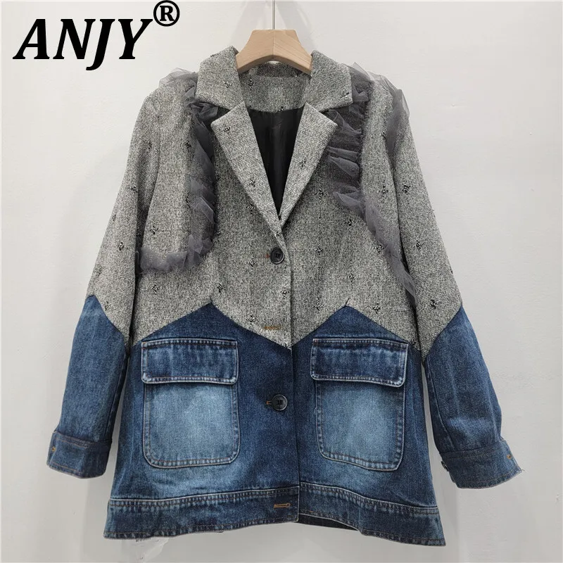 ANJY Spring Autumn New Women Blazer Notched Collar Mesh Patchwork Denim Contrast Color Pockets American Retro Chic Jacket A13232