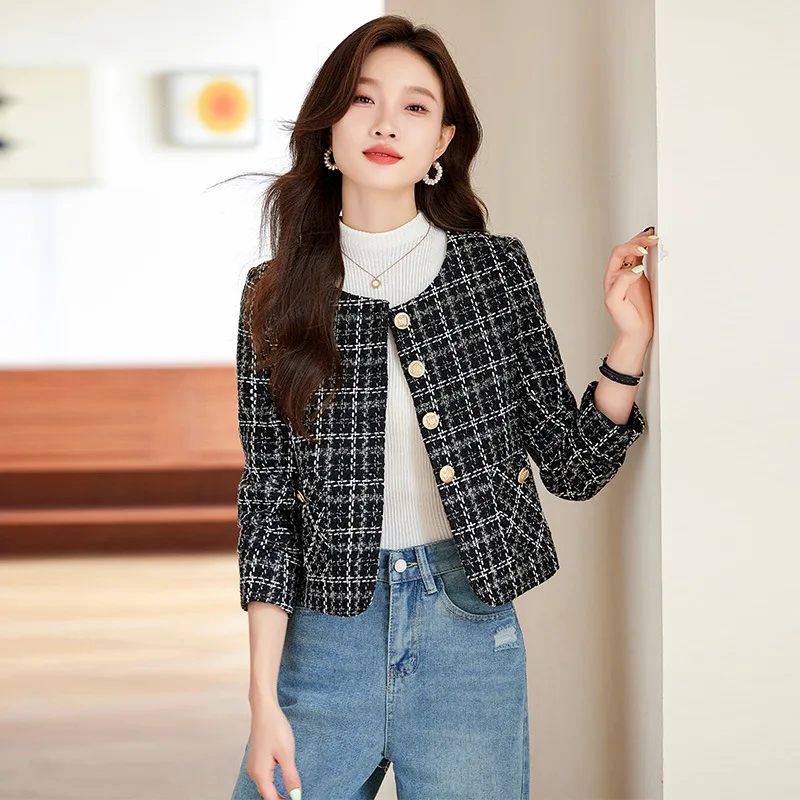 سترة صوفية قصيرة منقوشة عالية الجودة للنساء بصدر واحد للخريف والشتاء ملابس أنيقة للسيدات للمكتب باللون الأسود والأبيض #2