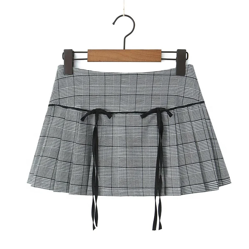 YENKYE  Preppy Style Bow Pleated Plaid Skirts Women Vintage High Waist Y2K Summer Mini Skirt