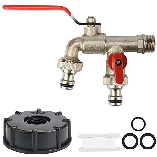 

1 double headed faucet with red handle, 1/2 inch water divider connector, connector adapter valve switch