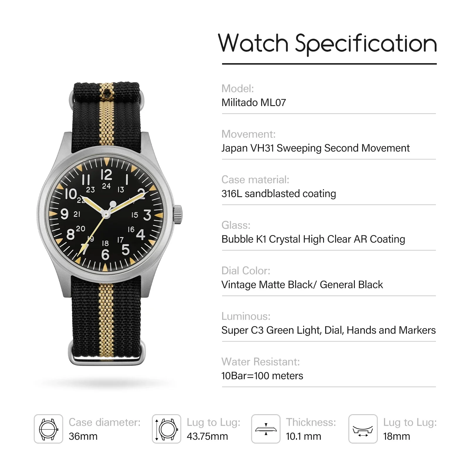 Militado ML07 36mm Quartz Watch VH31 Movement Watches Domed