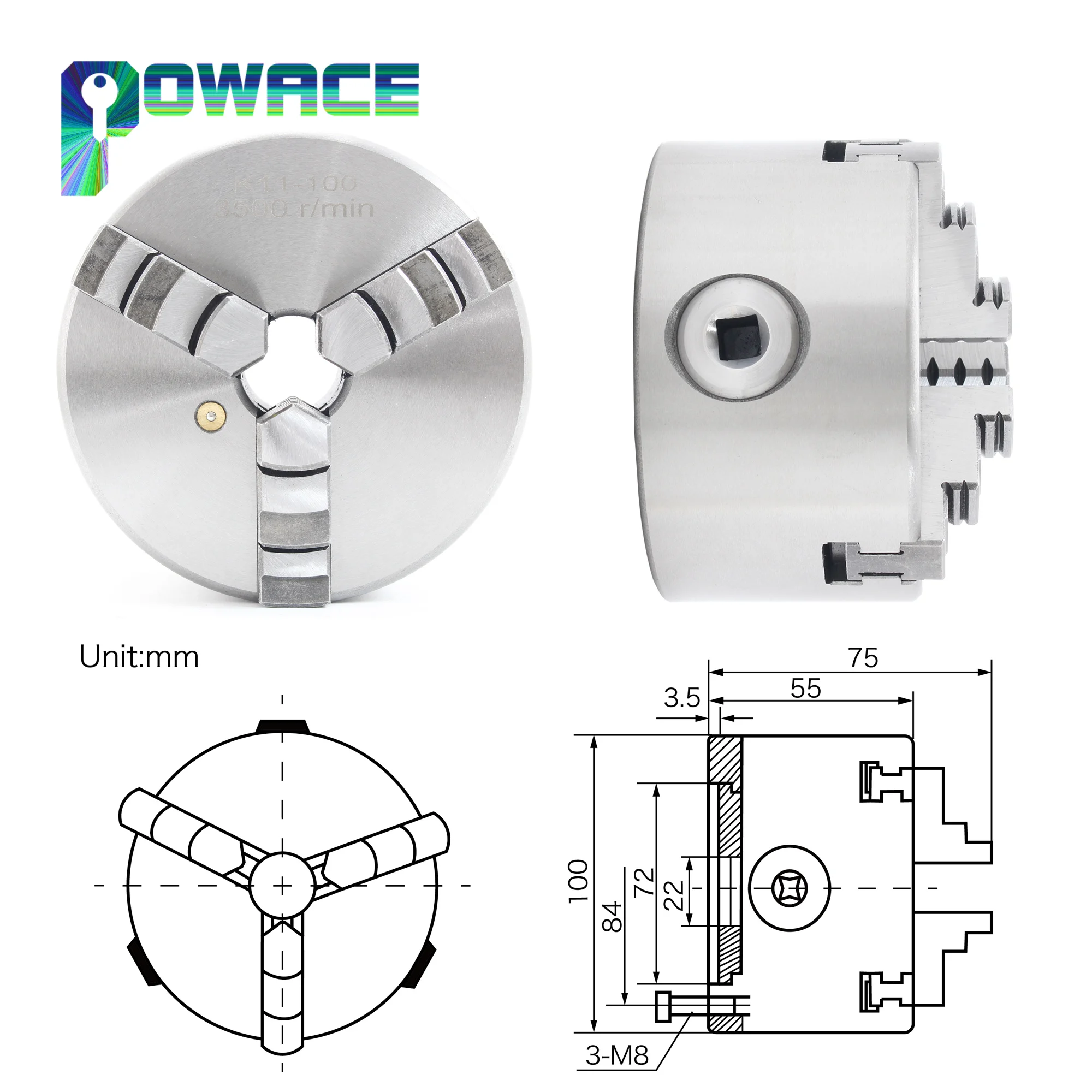 【EU US】3 4 Jaw Manual CNC lathe chuck self-centering K11 K12 80mm 100mm Three Four Jaws K11-80mm  K12-100mm