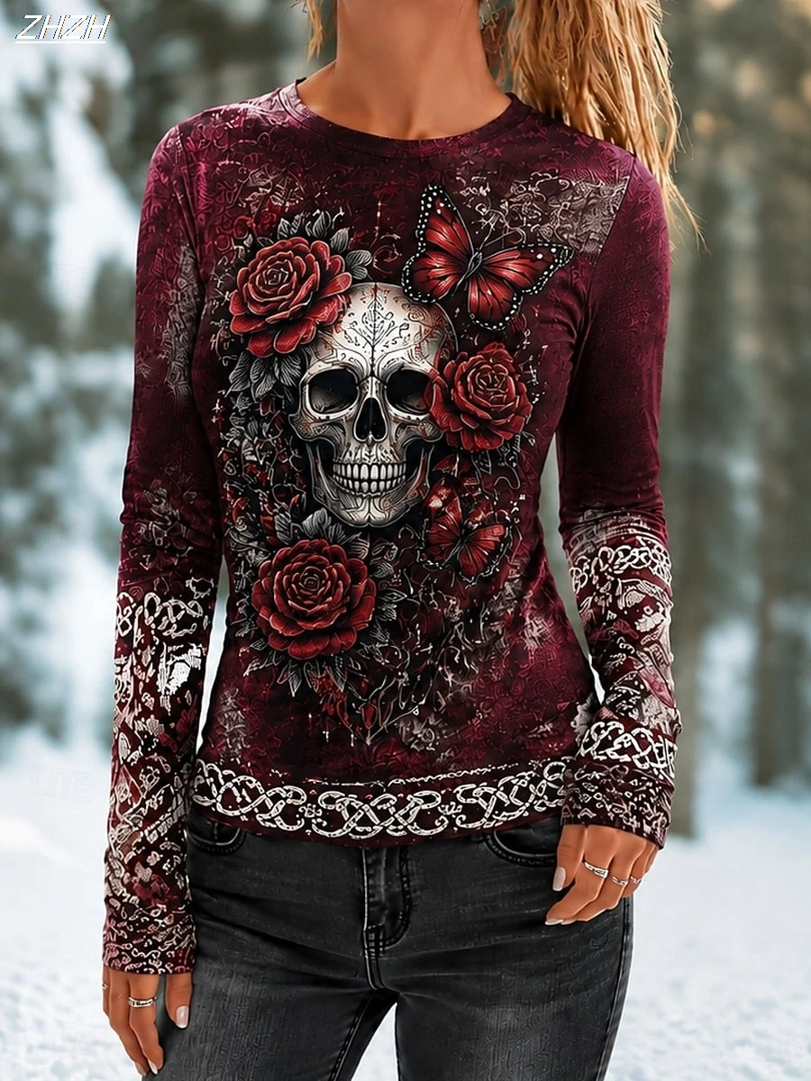 Women Gothic Skull Rose Butterfly Print Long Sleeve T‑Shirt Crew Neck Casual Retro Festival Top