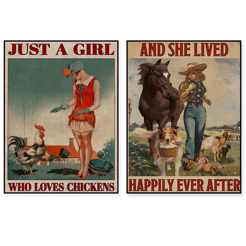 Live happily with her poster, cowgirl poster, gardening and dog retro poster, chicken breeds, farmhouse wall art retro poster, a