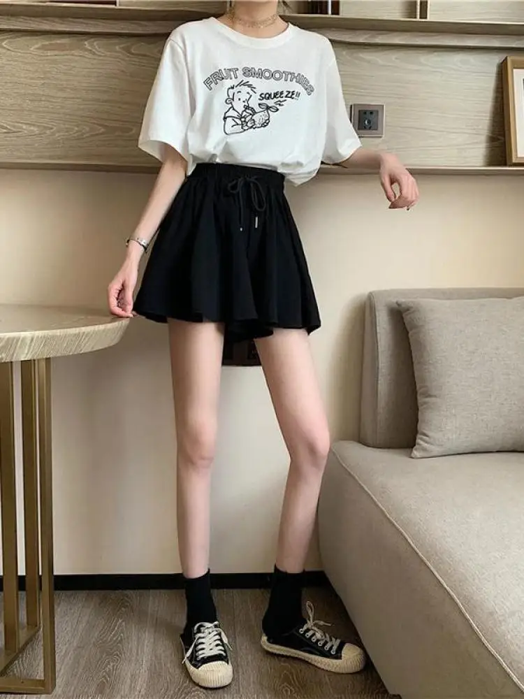 2024 Summer Shorts Skirts Women Elastic High Waist Casual Wide Leg Shorts Korean A Line Loose Mini Skirt Black Short Pants