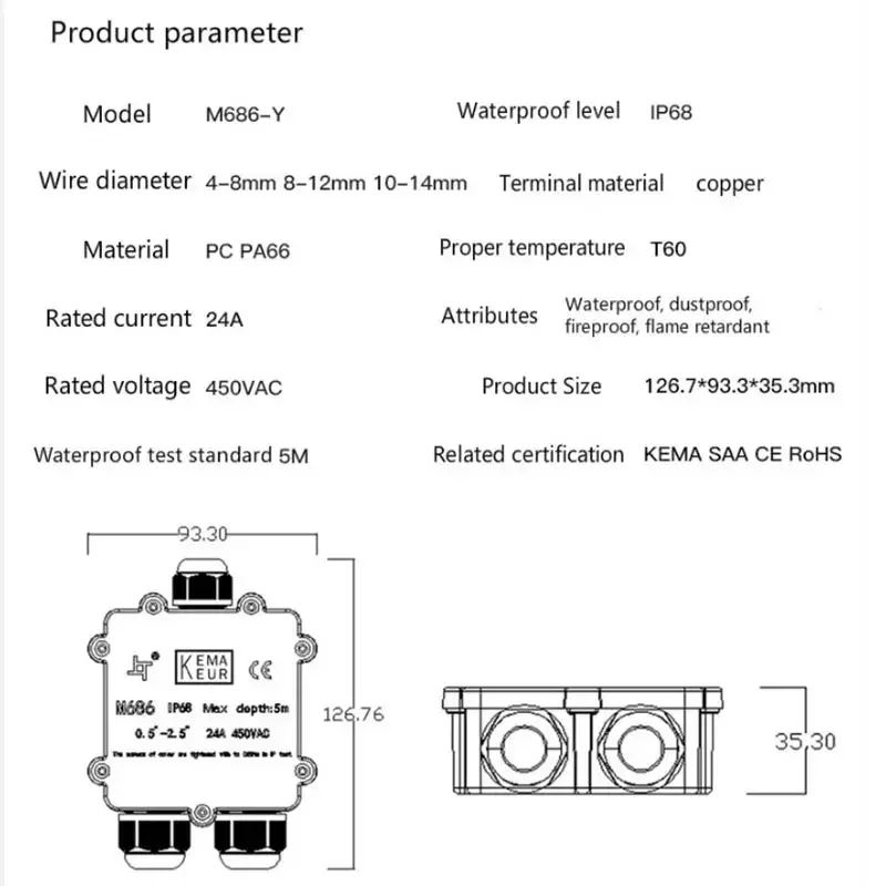 IP68 3 Way Waterproof Junction Box 4/5/6pin 4-14mm Electrical Cable Wire Connectors 24A 450V External Electrical Junction Box