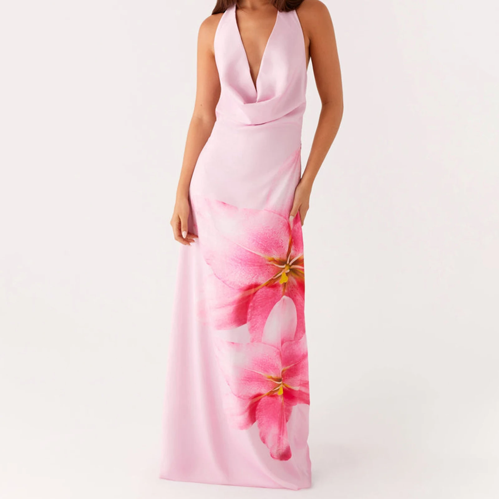 Combhasaki ผู้หญิง Elegant Lace-up Halter Cowl คอสายรัดปรับ Backless ดอกไม้พิมพ์ฤดูร้อน Silky ชุดยาว