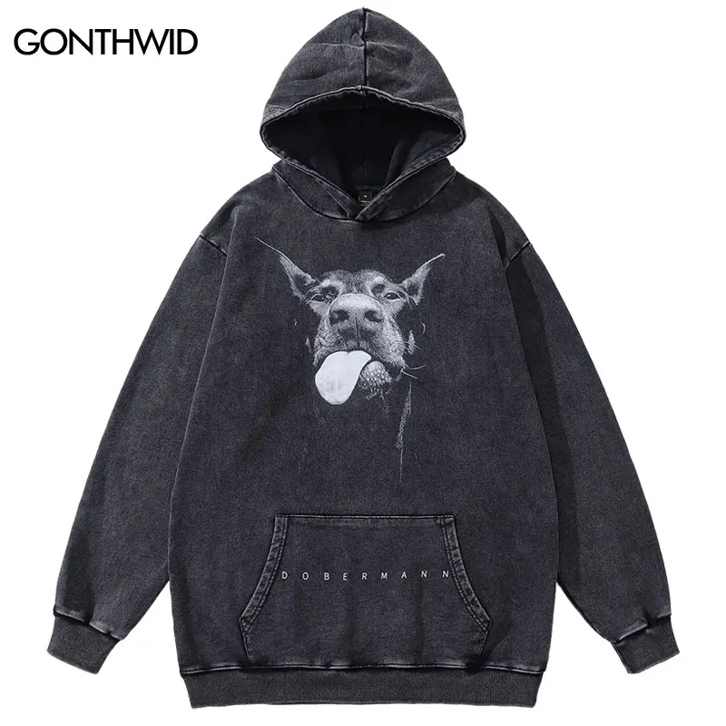 Vintage Men Hoodie Y2K Hip Hop Dobermann Dog Animal Graphic Print Washed Hooded Sweatshirt 2023 Fashion Punk Oversized Hoodies