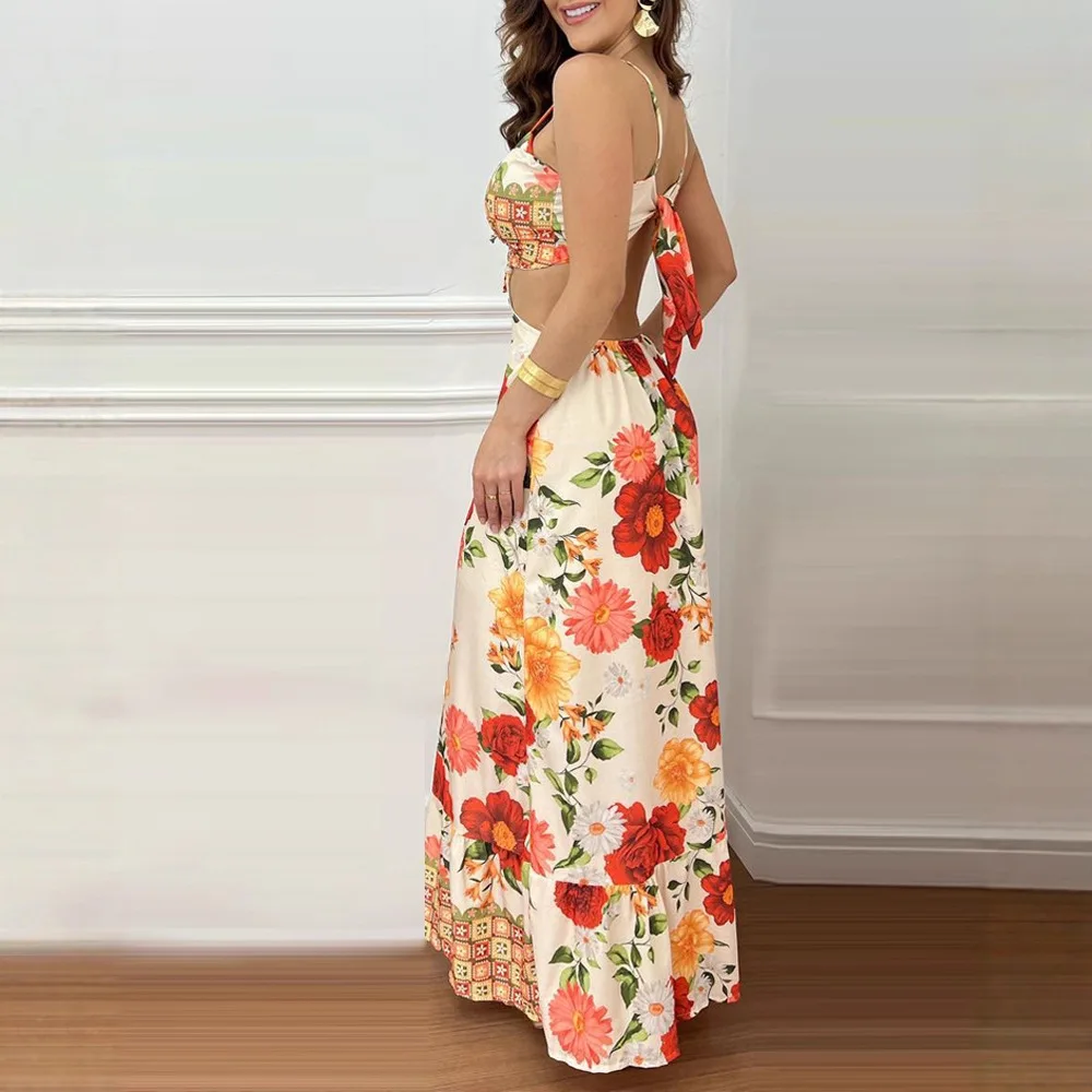 Women High Waist Long Floral Print V Neck Spaghetti Strap Lace Up Dress Sexy Waist Hollow Out Maxi Dress