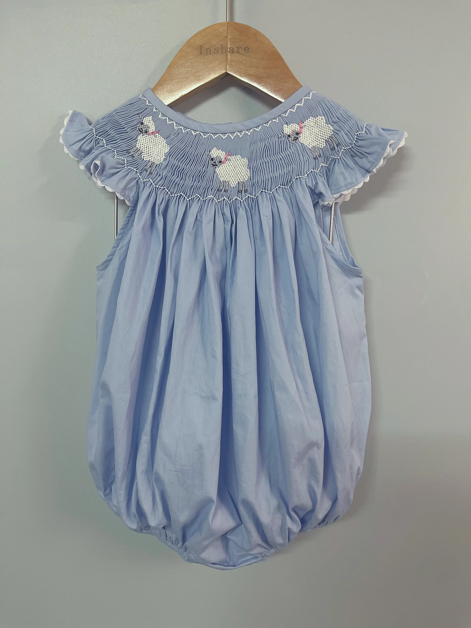 Children Boutique Clothing Summer Girls Flying Sleeves Handmade Smoked Bubble Blue Romper Sheep Embroidered Cute Siblings Outfit